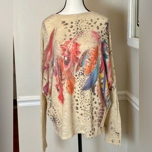 Vintage Feather Leopard Print Print Knit Pullover V Neck Boho Slouchy Made in US
